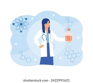 Female scientist. Scientist with flasks, working on antiviral treatment development. flat vector modern illustration 