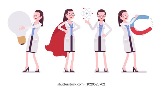 Female scientist and giant things. Expert of physical or natural laboratory in white coat with tools. Science and technology concept. Vector flat style cartoon illustration isolated, white background