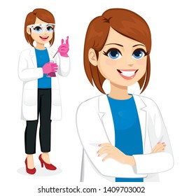 Female scientist with glasses and gloves working using pipette on test tube and crossed arms closeup