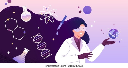 Female scientist head with long hair, flat vector illustration. Chemical formula, apparatus in hair of a woman science researcher.