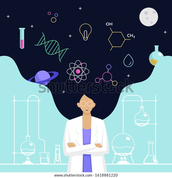 女性科学者の頭は 複雑な科学知識ベクターイラストを考えて 長い髪を持つ 科学のポスター背景に国際女性と女性の日 のベクター画像素材 ロイヤリティフリー