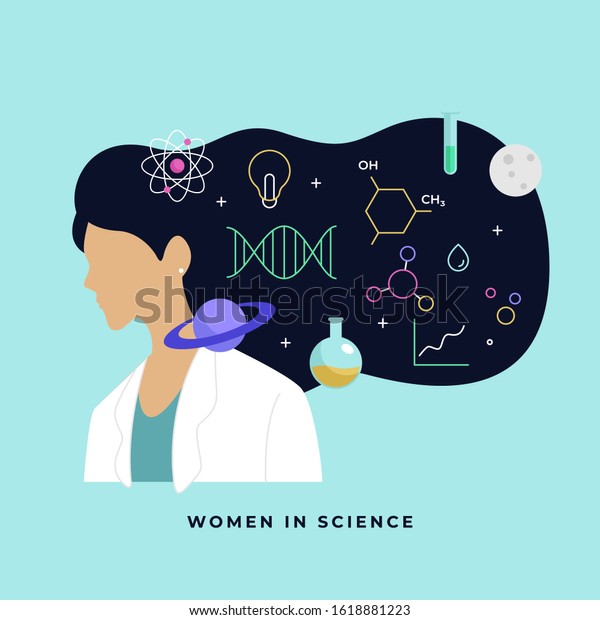 女性科学者の頭は 複雑な科学知識ベクターイラストを考えて 長い髪を持つ 科学のポスター背景に国際女性と女性の日 のベクター画像素材 ロイヤリティフリー