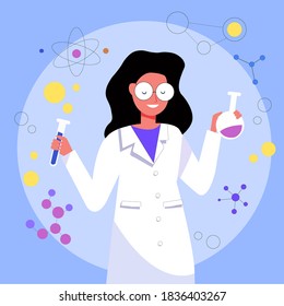 Female scientist. Holding Laboratory.Vaccine discovery concept. Scientists with flasks,  working on antiviral treatment development. Vector illustration in flat cartoon style.