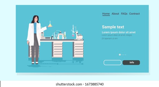 female scientist holding test tube working in medical lab woman researcher in white coat making chemical experiment in modern laboratory horizontal full length copy space vector illustration