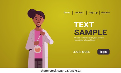 female scientist holding test tube with fluid woman researcher in white coat making chemical experiment in laboratory medical research concept portrait horizontal copy space vector illustration