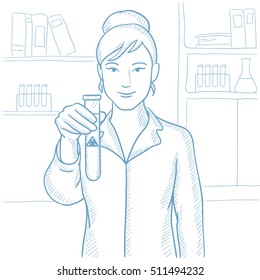 Female scientist holding a test tube with biohazard sign. Scientist examining a test tube with biohazard sign in a chemical laboratory. Hand drawn vector sketch illustration on white background.