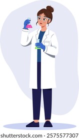 Female Scientist Holding Test Tubes in Laboratory - Flat Illustration