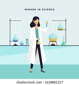 Female scientist in lab checking chemical reaction from beaker vector illustration. International Day of Women and Girls in Science poster background.