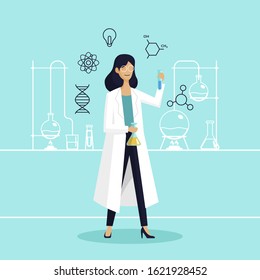 Female Scientist In Lab Checking Chemical Reaction From Beaker Vector Illustration. International Day Of Women And Girls In Science Poster Background.