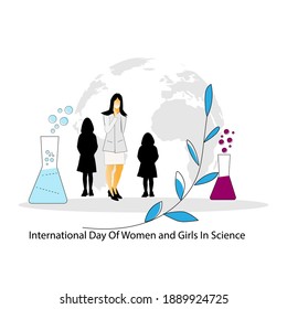 Female Scientist In Lab Checking Chemical Reaction From Beaker Vector Illustration. International Day Of Women And Girls In Science Poster Background.