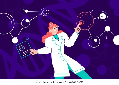Female scientist in lab coat checking artificial neurons connected into neural network. Computational neuroscience, machine learning, scientific research. Vector illustration in flat cartoon style.