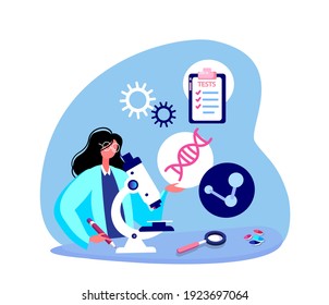 Female Scientist in Lab coat, Chemical Researcher with Laboratory Equipment, Microscope, Gene Atom, Molecule, Magnifier, Medical Tests list Drug development Experiment concept Flat vector illustration