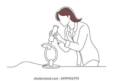 Female scientist in lab coat examining specimen under microscope Hand drawn offset fill with doodle illustration