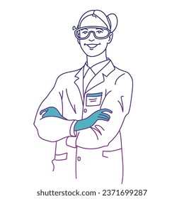 Female scientist in lab coat line art vector illustration 