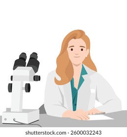 Female scientist in a lab coat sits at a desk with a microscope, research and analyze data. Flat vector illustration isolated on white background