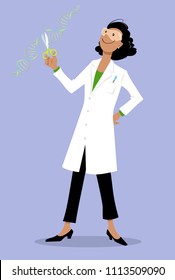 Female scientist in a lab coat splitting a DNA molecule, EPS 8 vector illustration