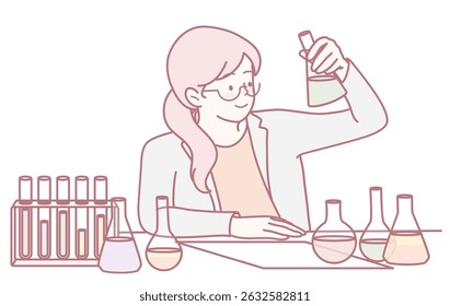 A female scientist in a lab examines test tubes and flasks, demonstrating her expertise in chemical experiments