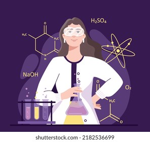 Female scientist in lab. Woman with test tubes conducts experiments, evaluates interaction of substances. Reaction analysis and medication development concept. Cartoon flat vector illustration