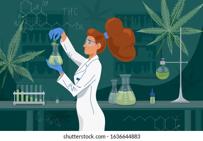 Female scientist in labcoat wearing nitrile gloves, doing experiments in lab. Cannabis oil in a laboratory. Medical research cbd and thc. Chemistry concept. Vector background.