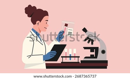 Female scientist in laboratory checking test tube with QR code, recording results with clipboard, and working beside microscope and samples, vector flat illustration