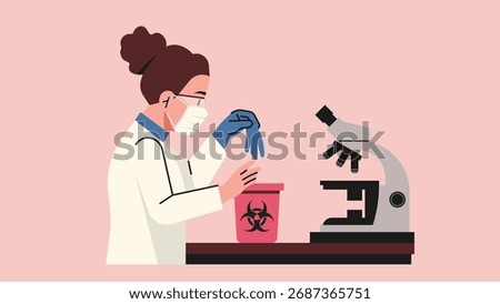 Female scientist in laboratory removing gloves and disposing into biohazard container with microscope on desk, lab safety, infection control, and biosafety practices, vector flat illustration