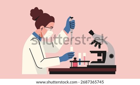 Female scientist in laboratory using micropipette to transfer liquid into test tube with microscope and lab equipment on desk, biomedical research, and molecular biology, vector flat illustration