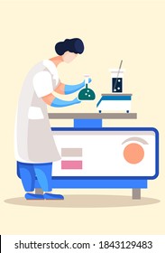 Female scientist in the laboratory is working with a dark green liquid in flask. Doctor in a white coat conducts an experiment. Girl chemist make research and weighs a container with a substance