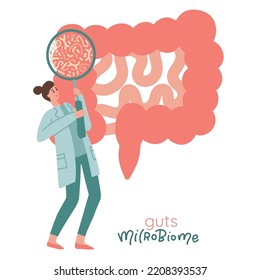 Female Scientist looking at intestines with huge magnifying glass. Analysis, professionals look at guts microbiome. Gastrointestinal tract and digestive system. Hand drawn flat vector illustration