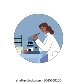 Female scientist looking in microscope doing pharmaceutical researchers for production vaccine or medicine. Chemist work at science research laboratory. Vector flat illustration.