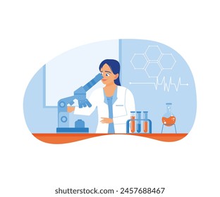 Female scientist looking at research object using microscope in laboratory. Microbiological analysis. Laboratory concept. Flat vector illustration.