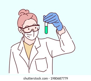 Female scientist looking at the scientific sample in the laboratory. She showing test tube with green fluid. Hand drawn in thin line style, vector illustrations.