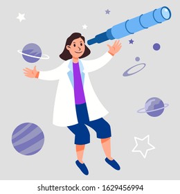 Female Scientist Looking Through A Astronomy Telescope Flat  Illustration.