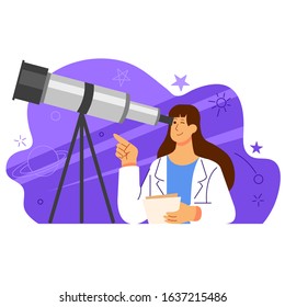 Female scientist looking through a astronomy telescope flat  illustration.