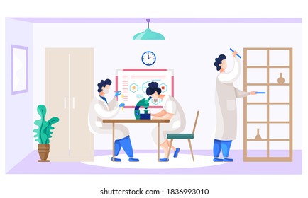 Female scientist looking through a microscope. Man drips from a pipette into a test tube. Guy stands next to the cabinet with the inventory and holds the stick holders. Chemists working with equipment