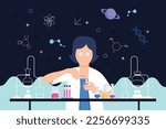 Female Scientist makes experiment knowledge with mixing potions meticulously. Woman scientist vector illustration. International Day of Women and Girls in Science poster background