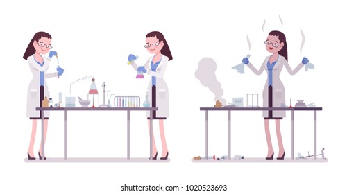 Female scientist making chemical experiments. Expert of physical or natural laboratory in white coat. Science and technology concept. Vector flat style cartoon illustration isolated, white background