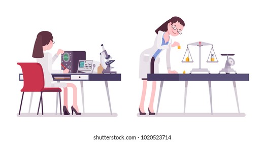 Female scientist measuring. Expert of physical or natural laboratory in white coat doing research. Science and technology concept. Vector flat style cartoon illustration isolated on white background