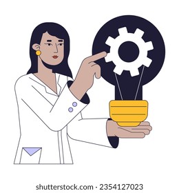 Female scientist mechanics flat line concept vector spot illustration. Woman turning gear inside light bulb 2D cartoon outline character on white for web UI design. Editable isolated color hero image