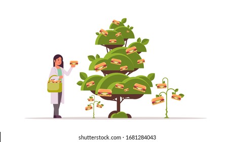 female scientist picking plant based vegetarian burgers beyond meat from tree organic natural vegan food concept horizontal full length vector illustration