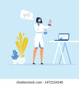 Female Scientist Preparing Medicines. Woman Mixing Chemical Liquids in Glass Flasks. Flat Laptop on Table with Test Results. Researcher Thinks about New Formula. Vector Cartoon Laboratory Illustration