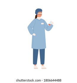 Female scientist in protective uniform hold beaker with chemical composition vector flat illustration. Woman chemist or researcher with flask isolated. Making experiments for scientific research