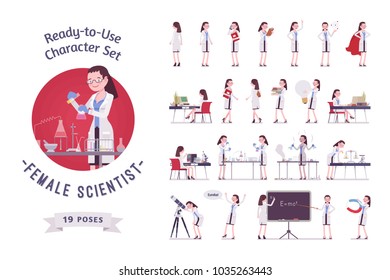 Female scientist ready-to-use character set. Expert of physical or natural laboratory in white coat, full length, different views, gestures, emotions, front, rear view. Science and technology concept