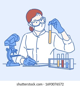 Female scientist researcher conducting an experiment in labora. Hand drawn in thin line style, vector illustrations. 