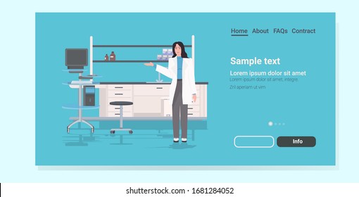 female scientist researcher in white coat showing modern lab workplace chemical laboratory furniture full length copy space horizontal vector illustration