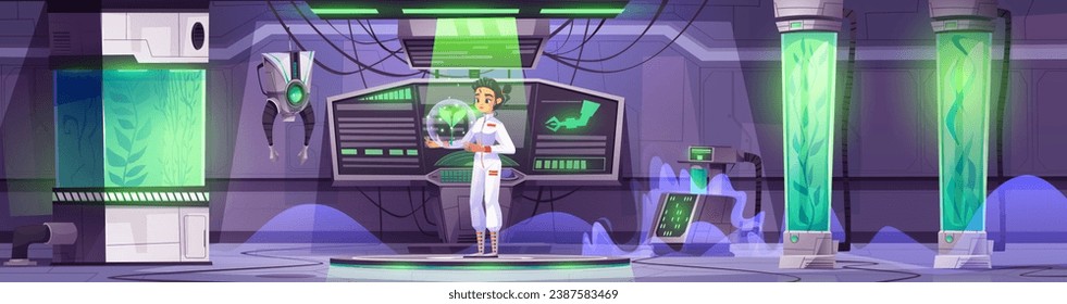 Female scientist in spaceship laboratory. Vector cartoon illustration of woman working in futuristic science lab, plants in glass capsules filled with green gas, robotic arms, data on computer display