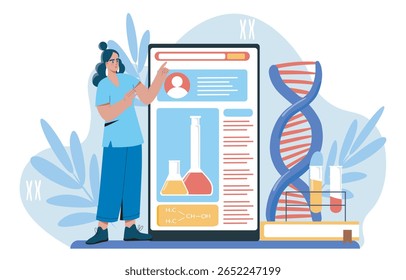 Cientista mulher em pé perto de tela grande exibindo dados de DNA, tubos de ensaio e fórmulas químicas, design plano, sobre fundo branco. Conceito de estudos genéticos. Ilustração vetorial