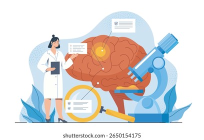 Cientista mulher estudando o cérebro humano com microscópio e lupa em estilo de desenho animado plano em fundo abstrato. Conceito de neurologia e ciência. Ilustração vetorial