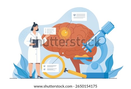 Female scientist studying human brain with microscope and magnifying glass in flat cartoon style on abstract background. Concept of neurology and science. Vector illustration