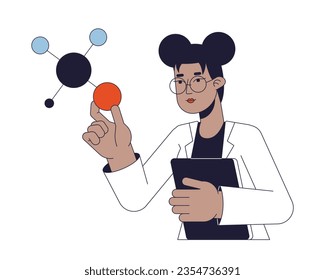 Female scientist studying molecules flat line concept vector spot illustration. Molecular biology 2D cartoon outline character on white for web UI design. Editable isolated color hero image