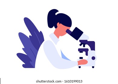 Female scientist studying something with a microscope. Modern flat illustration. The concept of the profession of a physician, laboratory assistant or scientist